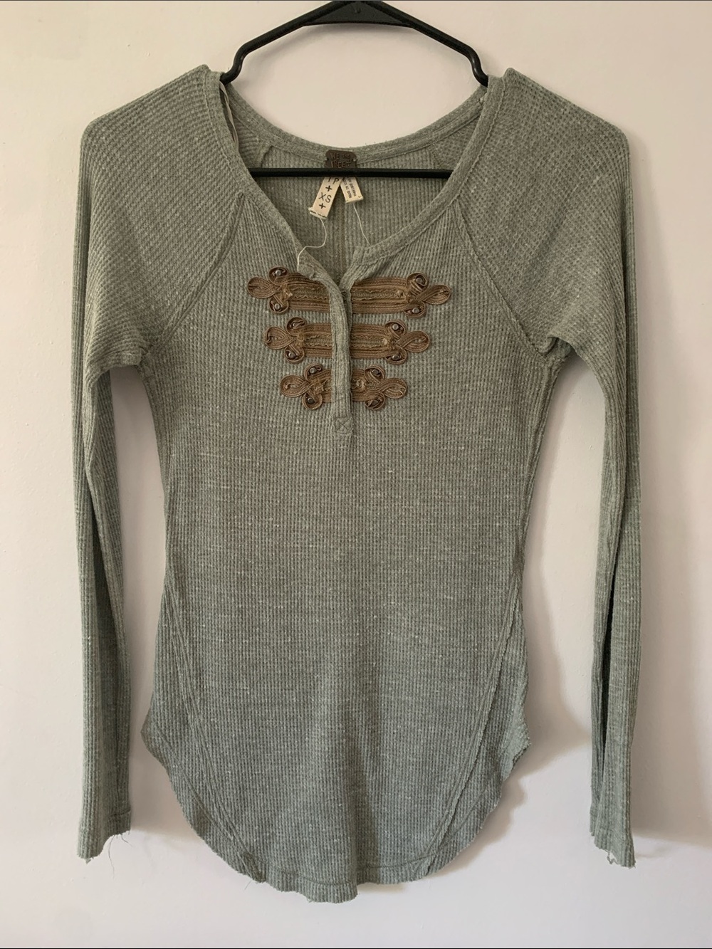 We The Free Sage/Olive Waffle Long Sleeve Top with Military Frog Closures
